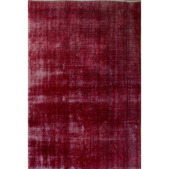 Distressed Vintage Handmade Turkish Rug Over-dyed in Red Color. Woolen Floor Covering