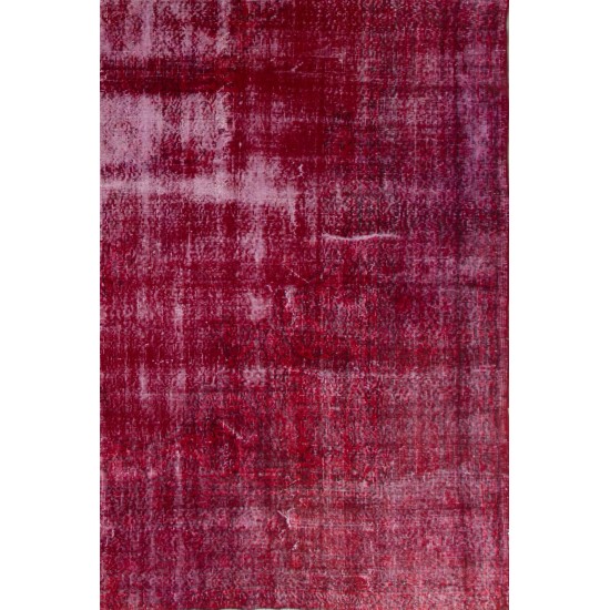 Distressed Vintage Handmade Turkish Rug Over-dyed in Red Color. Woolen Floor Covering