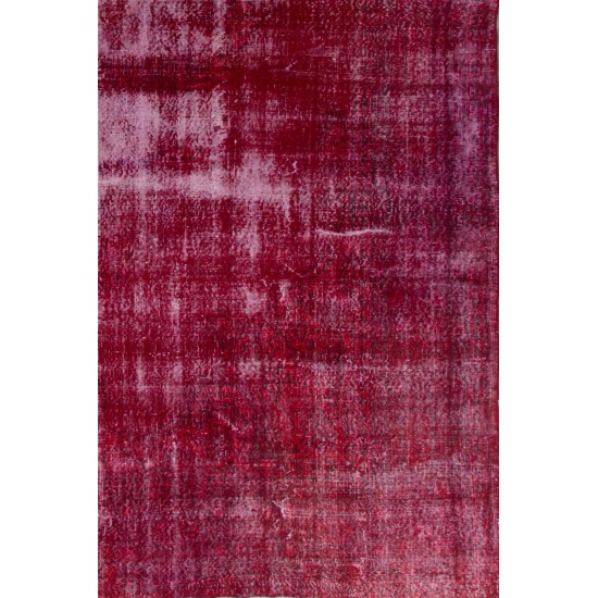 Distressed Vintage Handmade Turkish Rug Over-dyed in Red Color. Woolen Floor Covering Distressed Vintage Handmade Turkish Rug Over-dyed in Red Color. Woolen Floor Covering