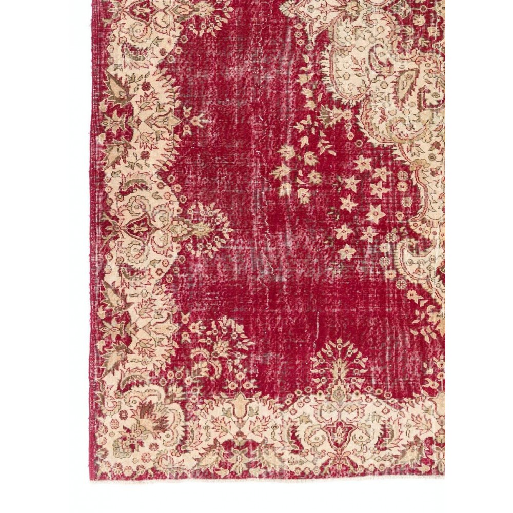 Vintage Turkish Area Rug. Fine Hand-Knotted Wool Rug in Cherry Red.