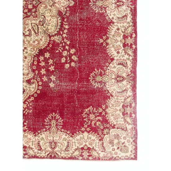 Vintage Turkish Area Rug. Fine Hand-Knotted Wool Rug in Cherry Red.