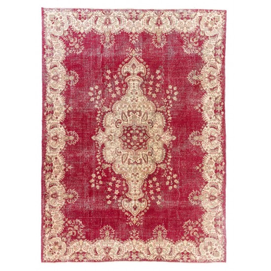 Vintage Turkish Area Rug. Fine Hand-Knotted Wool Rug in Cherry Red.