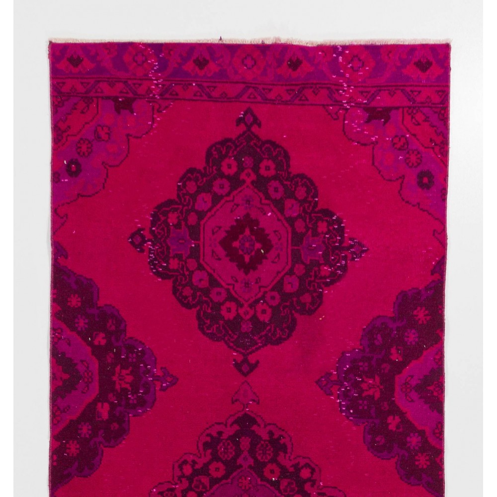 Modern Pink Color Over-dyed Hand-knotted Turkish Runner Rug for Hallway