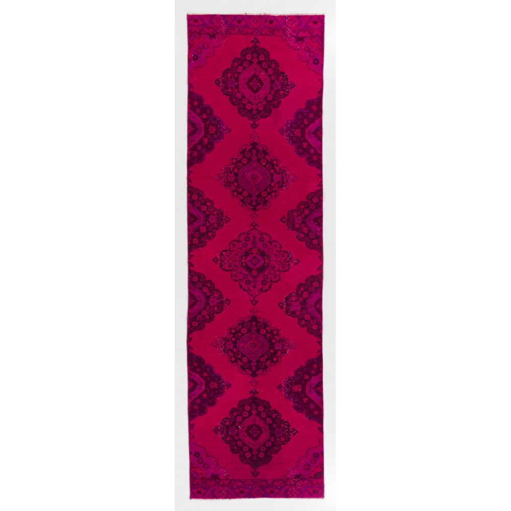 Modern Pink Color Over-dyed Hand-knotted Turkish Runner Rug for Hallway