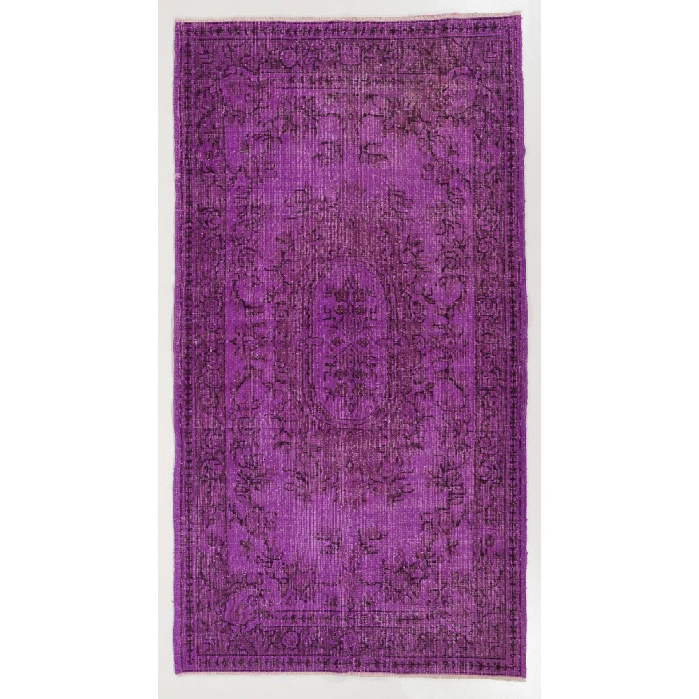 Purple Color Over-dyed Vintage Handmade Turkish Area Rug with Medallion Design