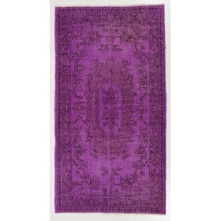 Purple Color Over-dyed Vintage Handmade Turkish Area Rug with Medallion Design