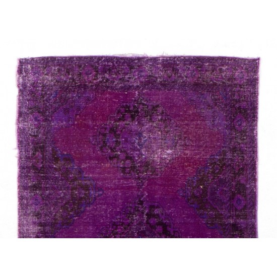 Distressed Vintage Handmade Turkish Runner Rug Overdyed in Purple Color        