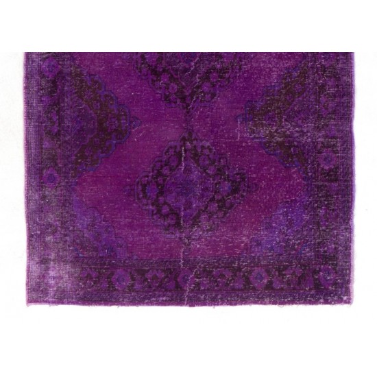 Distressed Vintage Handmade Turkish Runner Rug Overdyed in Purple Color        