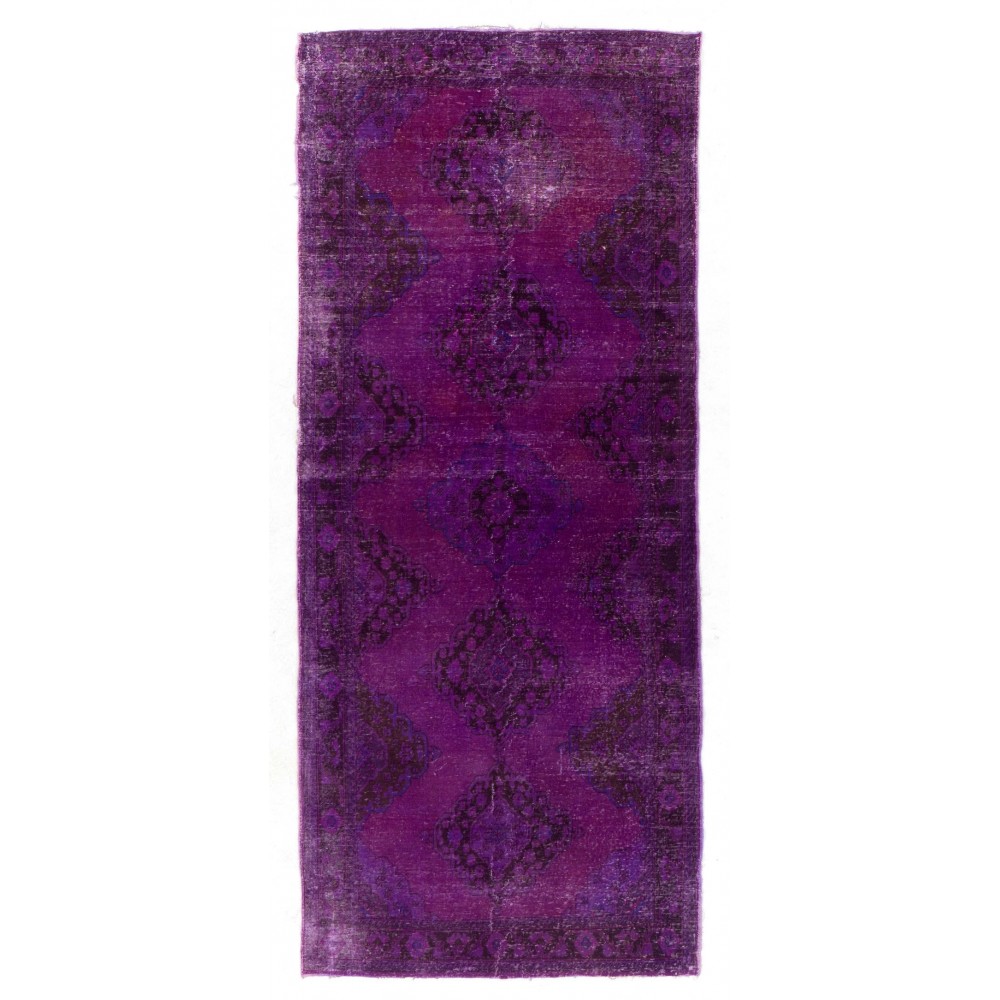 Distressed Vintage Handmade Turkish Runner Rug Overdyed in Purple Color