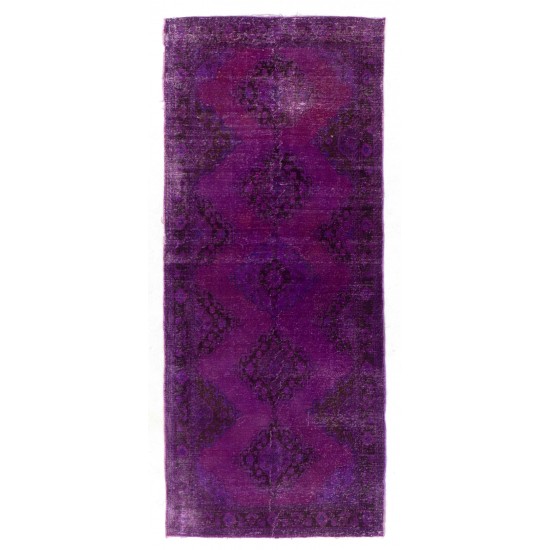 Distressed Vintage Handmade Turkish Runner Rug Overdyed in Purple Color        