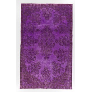 Purple Color Over-dyed Vintage Handmade Turkish Area Rug with Floral Garden Design