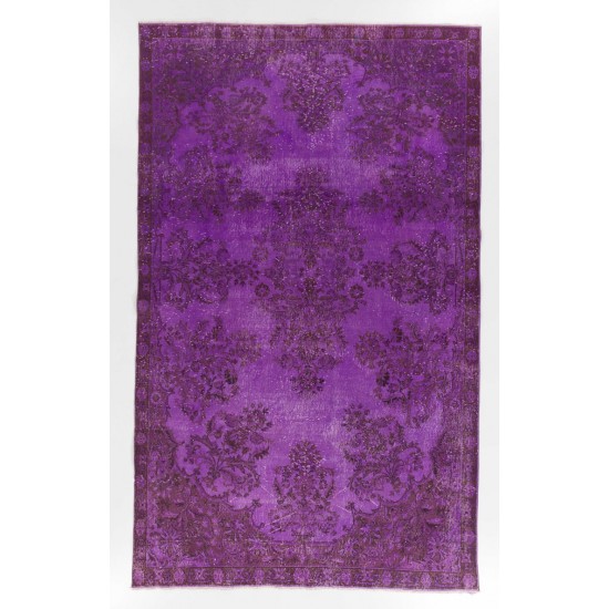 Purple Color Over-dyed Vintage Handmade Turkish Area Rug with Floral Garden Design