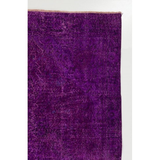  Solid Purple Color Over-Dyed Vintage Handmade Rug, Wool Turkish Carpet