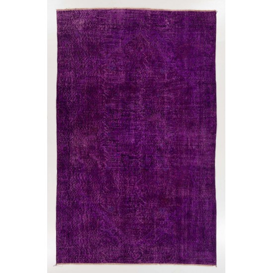  Solid Purple Color Over-Dyed Vintage Handmade Rug, Wool Turkish Carpet