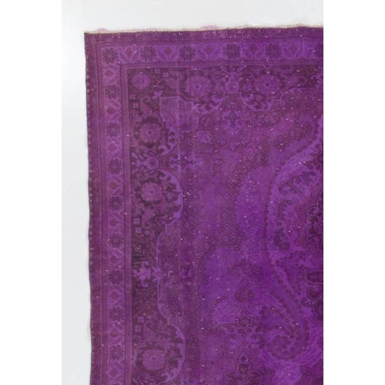 Purple Color Over-dyed Vintage Handmade Turkish Area Rug with Floral Design
