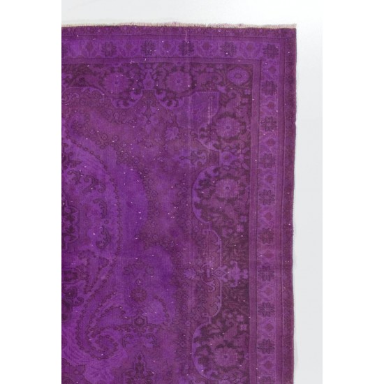Purple Color Over-dyed Vintage Handmade Turkish Area Rug with Floral Design