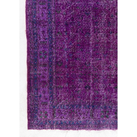 Distressed Vintage Handmade Turkish Rug Over-dyed in Purple Color