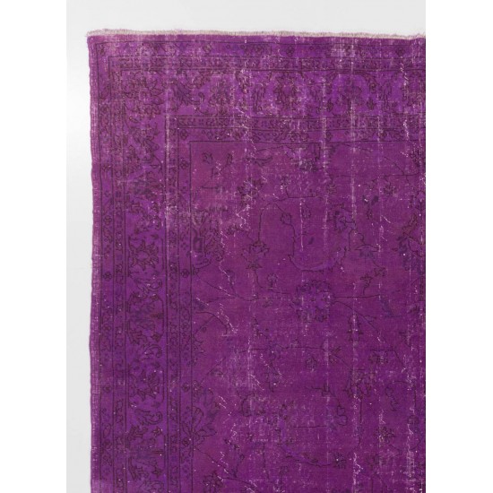 Distressed Vintage Handmade Turkish Rug Over-dyed in Purple Color. Woolen Floor Covering