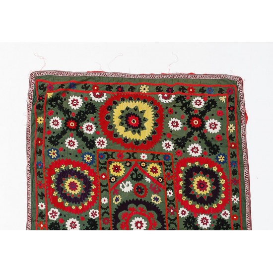 Central Asian Suzani Textile. Embroidered Cotton & Silk Bed Cover, Wall Hanging