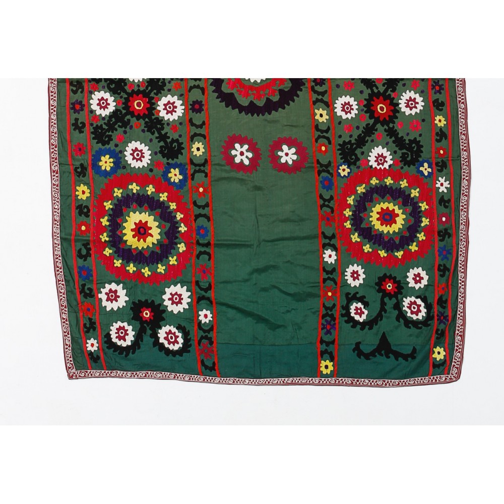 Silk Embroidery Wall Hanging in Forest Green, Floral Suzani Tablecloth, Uzbek Bedspread, Vintage Tapestry