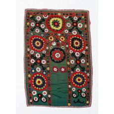 Silk Embroidery Wall Hanging in Forest Green. Floral Suzani Tablecloth. Bedspread. Vintage Tapestry