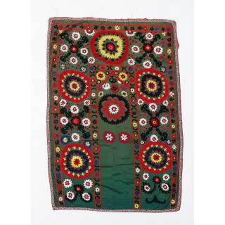 Silk Embroidery Wall Hanging in Forest Green. Floral Suzani Tablecloth. Bedspread. Vintage Tapestry