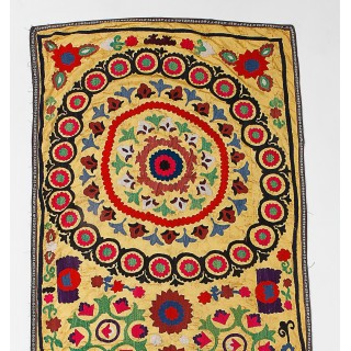 Silk Embroidery Wall Hanging. Uzbek Throw. Vintage Tablecloth. Yellow Tapestry. Wall Decor. Needlework Bed Cover Silk Embroidery Wall Hanging. Uzbek Throw. Vintage Tablecloth. Yellow Tapestry. Wall Decor. Needlework Bed Cover