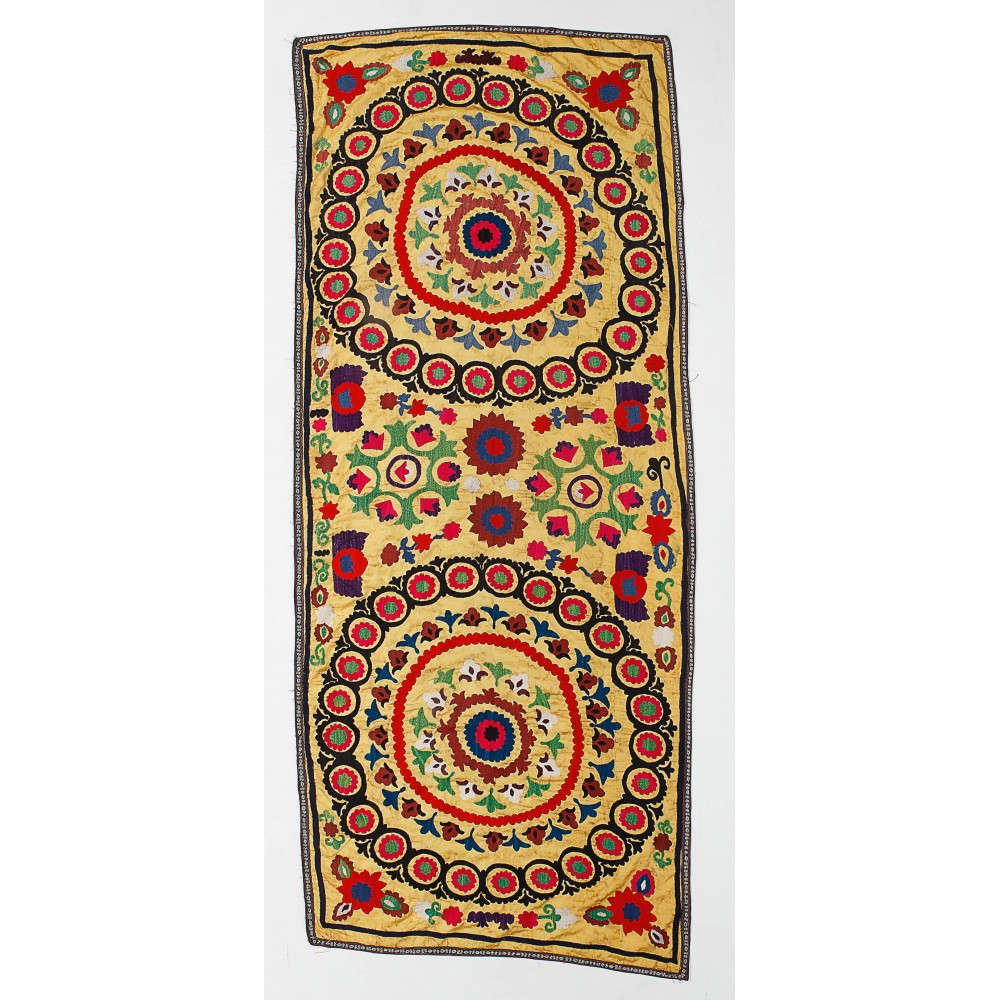 Silk Embroidery Wall Hanging, Uzbek Throw, Vintage Tablecloth, Yellow Tapestry, Suzani Wall Decor, Needlework Bed Cover