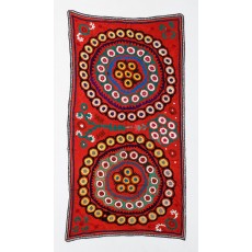 Red Wall Decor. Silk Embroidered Wall Hanging. Needlework Table Cover. Vintage Tapestry