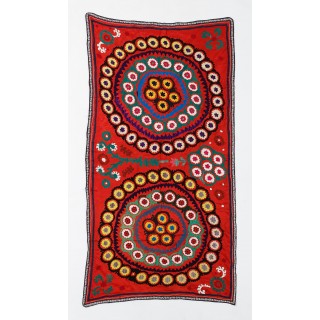 Red Wall Decor. Silk Embroidered Wall Hanging. Needlework Table Cover. Vintage Tapestry