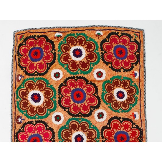 Floral Patterned Silk Embroidery Suzani Textile Wall Hanging, Vintage Uzbek Bed Cove