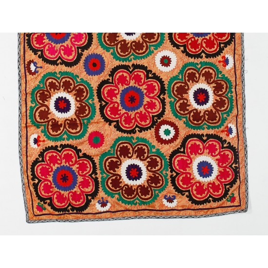 Floral Patterned Silk Embroidery Suzani Textile Wall Hanging, Vintage Uzbek Bed Cove