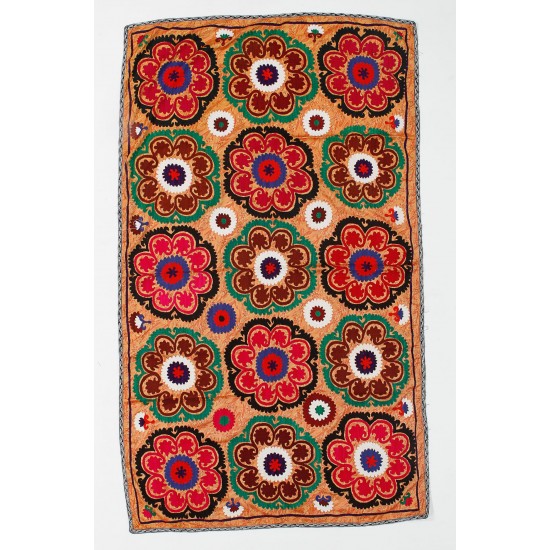 Floral Patterned Silk Embroidery Suzani Textile Wall Hanging, Vintage Uzbek Bed Cove