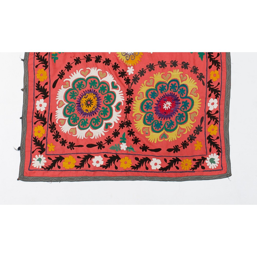 Floral Patterned Suzani Bed Cover, Hand Embroidered Cotton and Silk Wall Hanging, Red Tablecloth, Uzbek Wall Decor