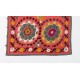 Floral Patterned Suzani Bed Cover, Hand Embroidered Cotton and Silk Wall Hanging, Red Tablecloth, Uzbek Wall Decor