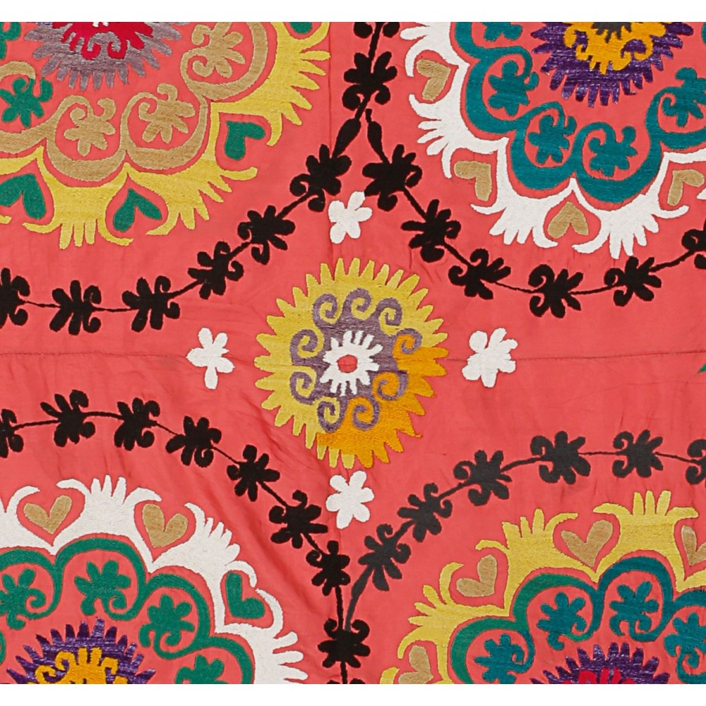Floral Patterned Suzani Bed Cover, Hand Embroidered Cotton and Silk Wall Hanging, Red Tablecloth, Uzbek Wall Decor