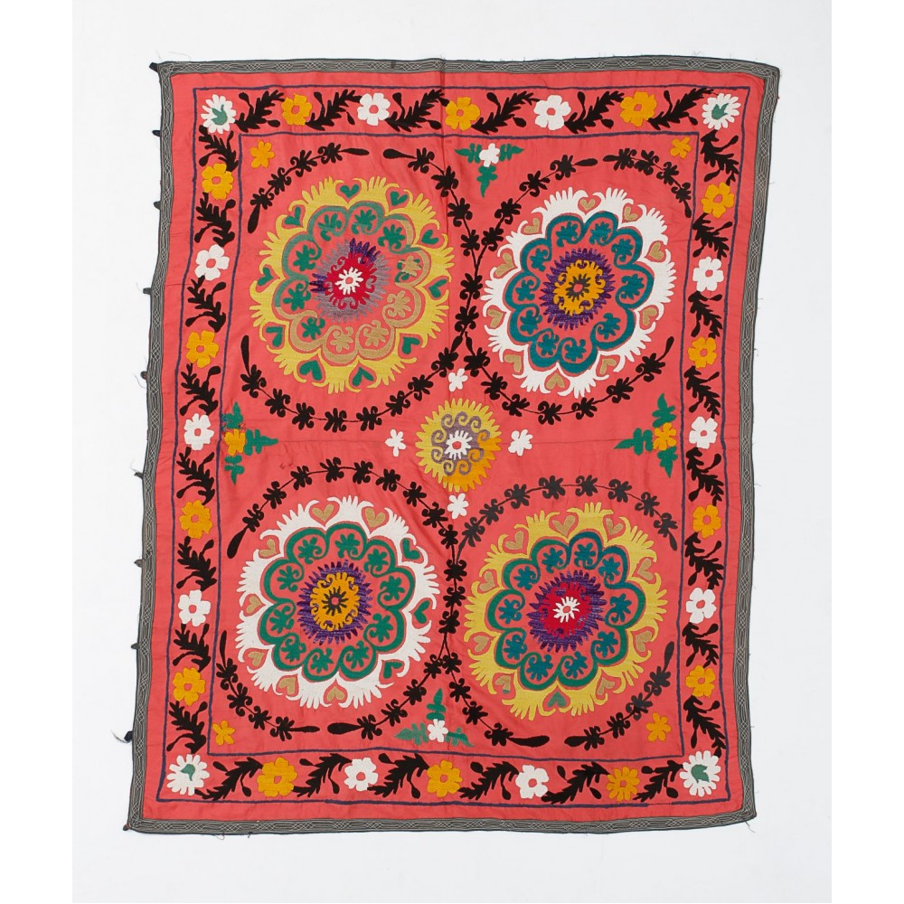 Floral Patterned Suzani Bed Cover, Hand Embroidered Cotton and Silk Wall Hanging, Red Tablecloth, Uzbek Wall Decor