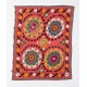 Floral Patterned Suzani Bed Cover, Hand Embroidered Cotton and Silk Wall Hanging, Red Tablecloth, Uzbek Wall Decor