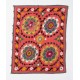 Floral Patterned Suzani Bed Cover, Hand Embroidered Cotton and Silk Wall Hanging, Red Tablecloth, Uzbek Wall Decor