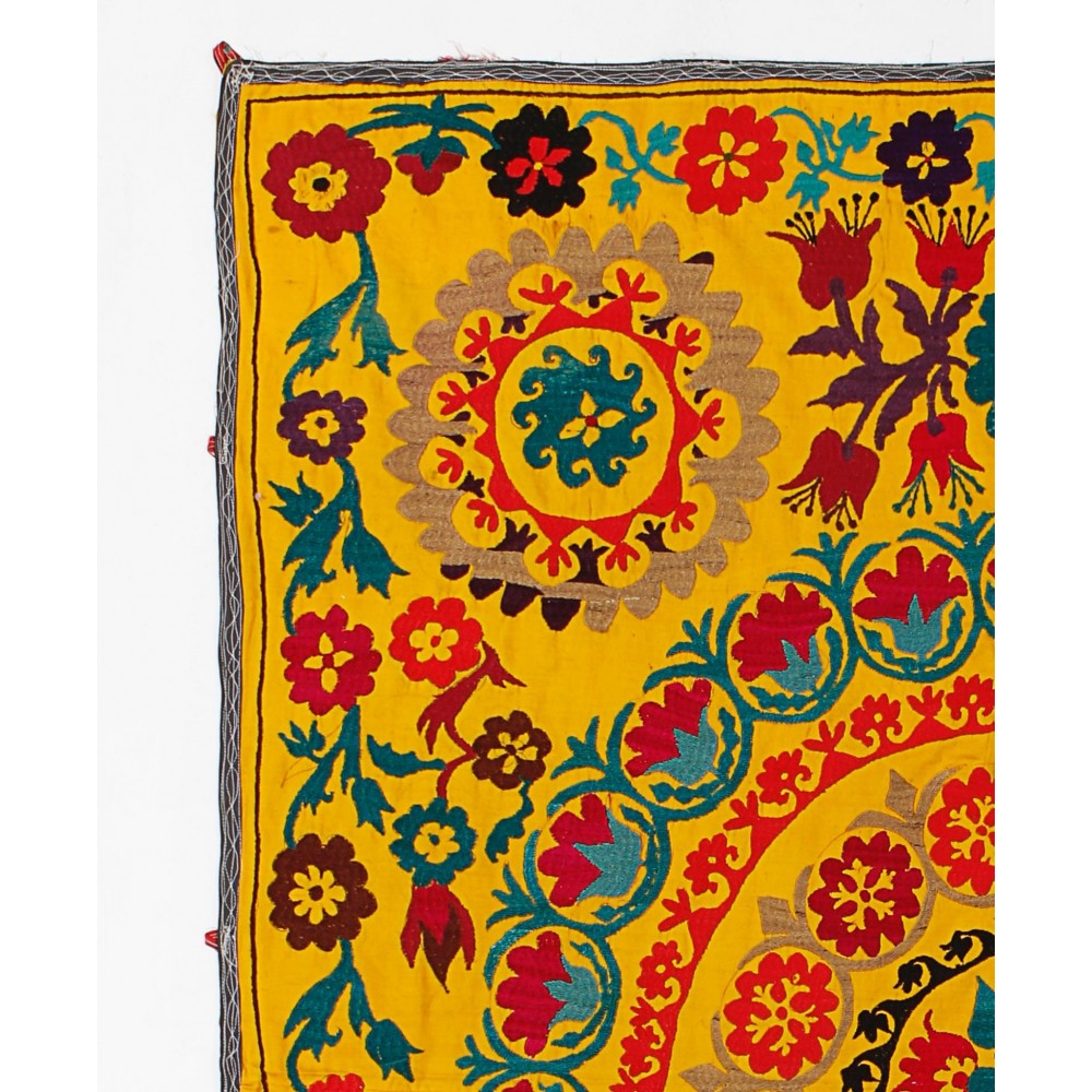 Handmade Silk and Cotton Suzani Wall Hanging, Vintage Uzbek Embroidery Bed Cover in Yellow