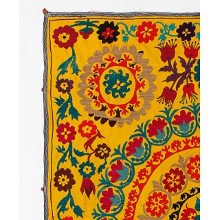 Handmade Silk and Cotton Suzani Wall Hanging. Vintage Uzbek Embroidery Bed Cover in Yellow Handmade Silk and Cotton Suzani Wall Hanging. Vintage Uzbek Embroidery Bed Cover in Yellow