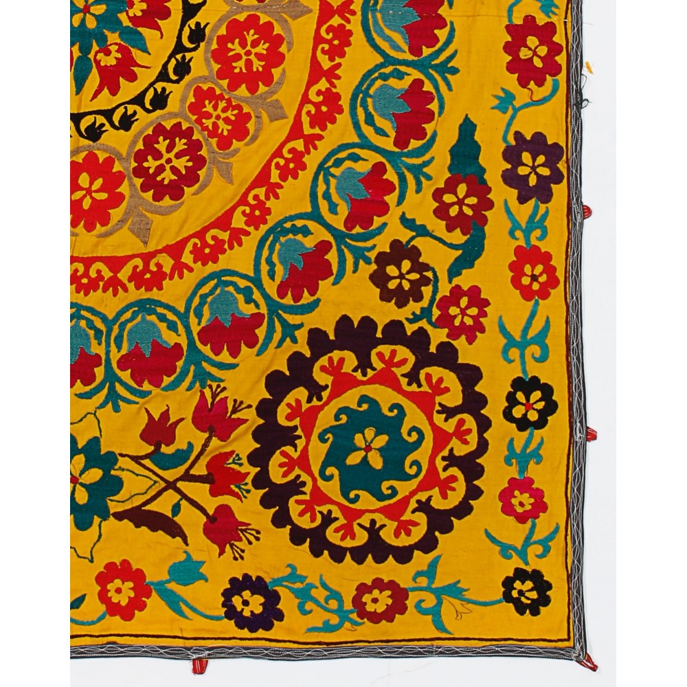 Handmade Silk and Cotton Suzani Wall Hanging, Vintage Uzbek Embroidery Bed Cover in Yellow