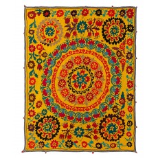 Handmade Silk and Cotton Suzani Wall Hanging. Vintage Uzbek Embroidery Bed Cover in Yellow
