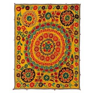 Handmade Silk and Cotton Suzani Wall Hanging. Vintage Uzbek Embroidery Bed Cover in Yellow
