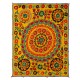 Handmade Silk and Cotton Suzani Wall Hanging, Vintage Uzbek Embroidery Bed Cover in Yellow