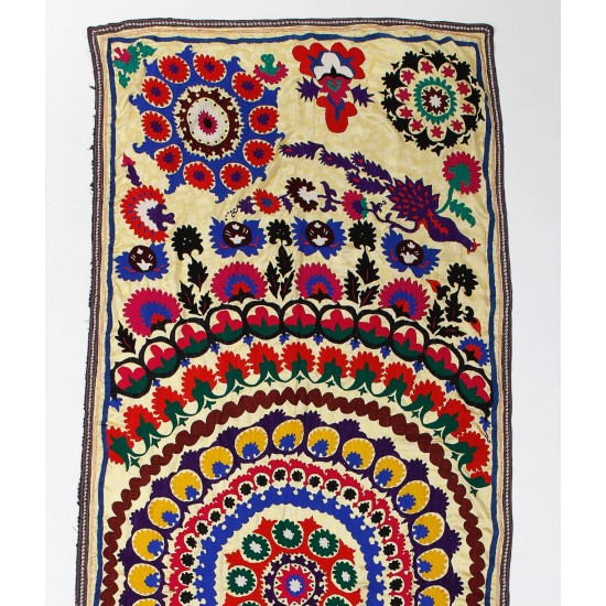 Colorful Silk and Cotton Suzani Wall Hanging, Vintage Uzbek Embroidery Tablecloth, Needlework Bedspread