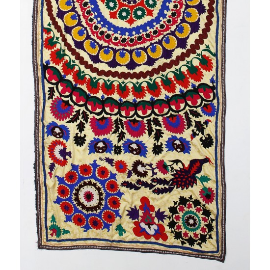 Colorful Silk and Cotton Suzani Wall Hanging, Vintage Uzbek Embroidery Tablecloth, Needlework Bedspread