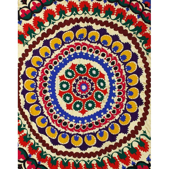 Colorful Silk and Cotton Suzani Wall Hanging, Vintage Uzbek Embroidery Tablecloth, Needlework Bedspread