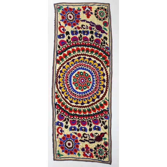 Colorful Silk and Cotton Suzani Wall Hanging, Vintage Uzbek Embroidery Tablecloth, Needlework Bedspread