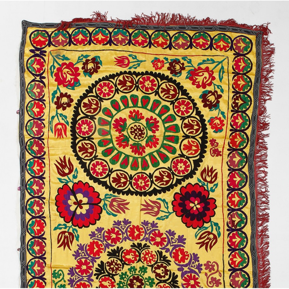 Silk Embroidery Wall Hanging, Uzbek Throw, Vintage Tablecloth, Yellow Tapestry, Suzani Wall Decor, Needlework Bed Cover
